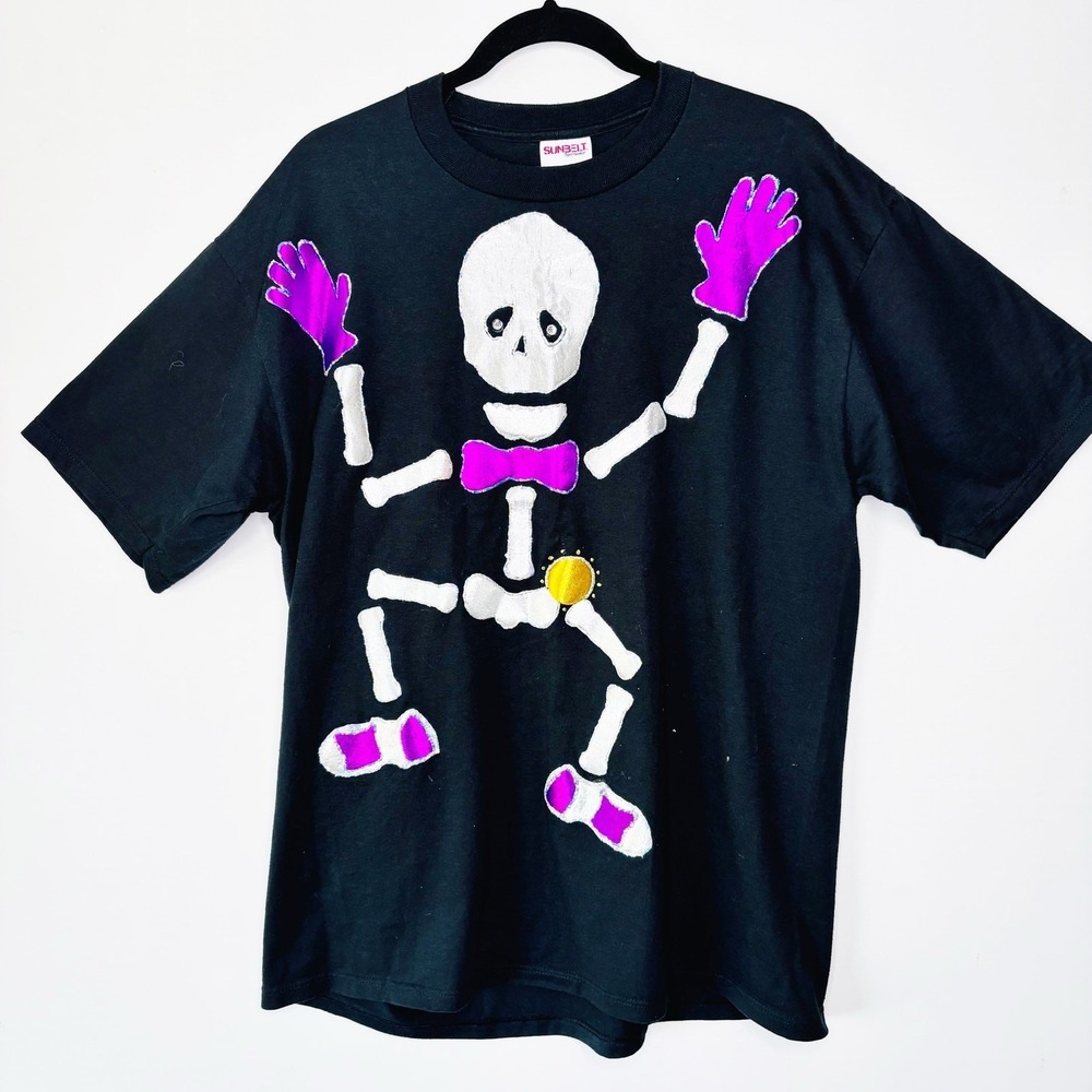 Vintage Skeleton Graphic T-Shirt Black XL Metallic Puffy Paint Purple